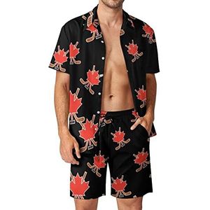 Canada Maple Hockey Hawaiiaanse bijpassende set voor heren, 2-delige outfits, button-down shirts en shorts voor strandvakantie
