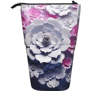 RLDOBOFE 3D Bloem Print Potlood Tas Stand-Up Intrekbare Potlood Doos Organizer Pen Houder Opbergtas Cosmetische Tas Voor Office Kerst Vakantie Gift, Zwart, Eén maat