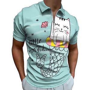 Leuke kat zeemeermin poloshirt voor mannen casual rits kraag T-shirts golf tops slim fit