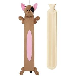 Warmwaterkruik met dierlijke fleece hoes 1 of 2 liter inhoud natuurlijk rubber lange warmwaterkruik pluche schattige dierenhoes gezellige geschenken (Franse buldog lang)