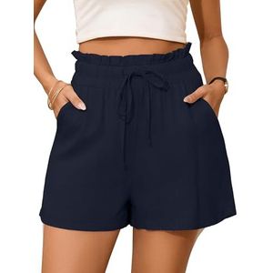 StylSense Korte broek voor dames, zomer, linnen, mousseline, bermuda, katoen, hoge taille, met elastiek en zakken, Donkerblauw, S