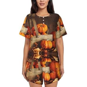 RIVETECH Herfst pompoen print dames korte mouwen pyjama set pyjama lounge set met zakken,, Zwart, L