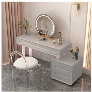 YYUINU Kaptafel, kaptafel stoel set, houten make-up set met dimmer LED-spiegel en grote opbergkast lade, slaapkamer kaptafel set, grijs-80 cm