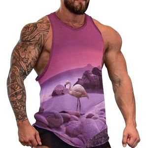 Flamingo Vogels Paars Landschap Heren Tank Top Grafische Mouwloze Bodybuilding Tees Casual Strand T-Shirt Grappige Gym Spier