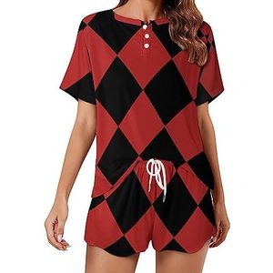 Rode en zwarte vierkanten mode 2 stuks dames pyjama sets korte mouw nachtkleding zachte loungewear stijl-12