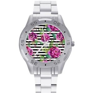 Roze bloemen - zwart-witte strepen zakelijke herenhorloges legering analoog quartz horloge mode horloges