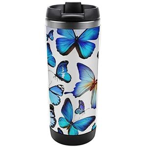 Vlinder Kleurrijke Blauwe Tekening Art Grappige Koffie Cup Reizen Mok Theemokken met Lekvrij Deksel voor Warme En Koude Dranken