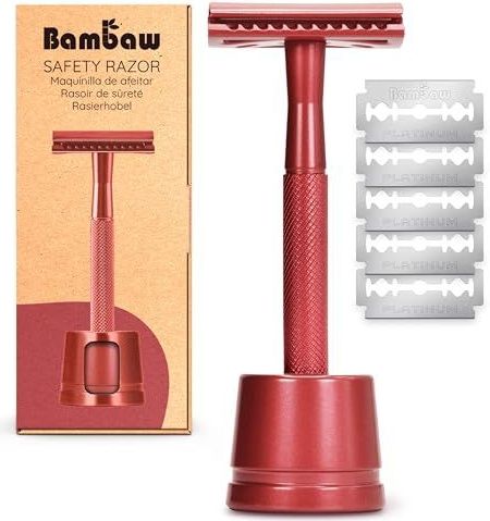 Metalen scheermes met standaard en 5 veiligheidsscheermesjes | Rood scheermes | Bambaw