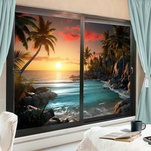 Sunset Sea Rocks raamfolie, warmteblokkerende palmbomen, landschap, privacy raamdecoratie, glazen deurbedekking, niet-klevende raamfilm voor badkamer keuken, 80 x 140 cm x 2 stuks