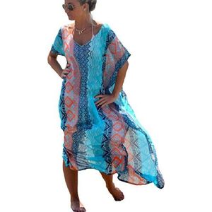 Bsubseach Dames Boho kaftan kaftan grote maat strandjurk maxi lange bikini cover up zomer lengte kleding djellaba, Blauw, One Size