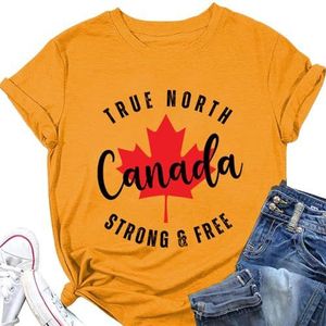 True North Canada Sterke Gratis Vrouwen Tees Shirt Zomer Esdoorn Bladeren Canada Dag Tops Crewneck Korte Mouw Truien, Geel, S