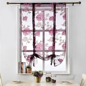 Transparante gordijnen met bloemenpatroon, paarse pioenrozen-bloemenprint, 160 cm lang, tule raamgordijnen voor slaapkamer, woonkamer, balkon, keuken, paars
