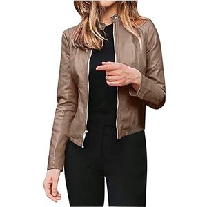 Dames Korte PU Blazer Dames Vintage Effen Kleur Herfst Winter Slim Fit Korte Jas Rits Sportjack Outdoor Gewatteerde Jas Overgangsjas Licht Bikerjack Faux Leren Jas (Color : Khaki, Size : XXL)