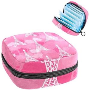 Maandverband Opbergtas, Menstruatiecup Pouch Tampon Bag, Menstruatie Pads Houder Organizer voor Vrouwen Meisjes, Aquarel Roze Eiffeltoren Patroon