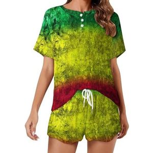 Rood Geel Groen Rasta Vlag Zachte Womens Pyjama Korte Mouw Pyjama Loungewear met Zakken Gift voor Thuis Strand 5XL