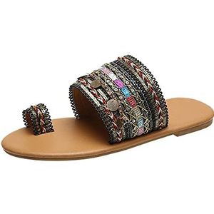 TEEL ONG Vrouwen Platte Sandalen Boheemse Stijl Ring Teen Sandalen Doek Stof Zomer Strand Flip Flop Clip Toe Slip Op Slides Comfortabele Indoor Outdoor Schoenen, Zwart, 39 EU