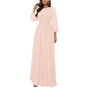 KURFACE Bruidsmeisjesjurken met lange mouwen, geplooide ronde hals, chiffon, bruidsmeisje, formele avondjurk, Blush Roze, 32