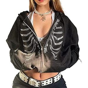 Y2k-hoody Met Ritssluiting Voor Dames Aesthetic Grafisch Sweatshirt Met Capuchon en Strass Skelet Pullover Hoodie Jaren 90 Streetwear Jas (Color : Black, Size : S)