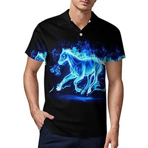 Blue Fire Flaming Horse Heren Golf Polo-Shirt Zomer Korte Mouw T-Shirt Casual Sneldrogende Tees 3XL