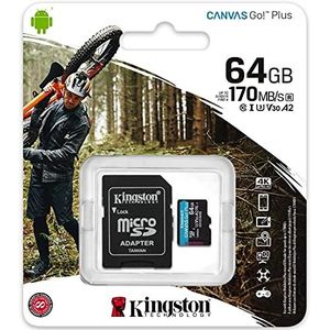 Kingston 64 GB microSDXC Canvas Go Plus 170 MB/s lezen UHS-I, C10, U3, V30, A2/A1 geheugenkaart + adapter (SDCG3/64 GBCR)