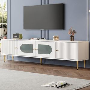 BXEYXE Elegante tv-kast van 170 x 35 x 50 cm, witte behuizing met gouden poten en handgrepen, 2 deuren met verticale groeven, 2 deuren met boogglas, 35 kg draagkracht, tv-kast, tv-board, tv-meubel