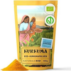 Biologische Kurkuma Poeder 400g - Curcumine 3%-5%. Natuurlijk en Puur, Geproduceerd in India van Bio Kurkuma wortel. Uitstekend in dranken, hartige en zoete gerechten. NaturaleBio