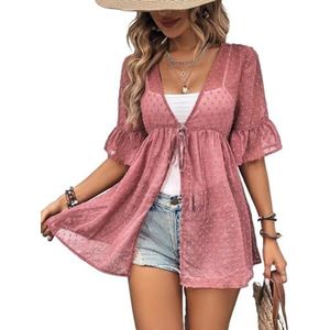 dames topjes Zwitserse stippen flare mouw knoop voorkant chiffon blouse zonder hemdje (Color : Rosa, Size : XL)