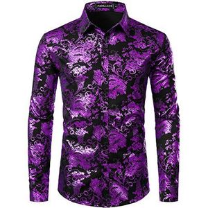 PARKLEES Luxe, goudkleurig, glanzend, paisley-print, stijlvol overhemd, slanke pasvorm voor heren, Zwart Paars, L