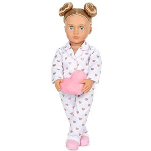Our Generation Pyjama-party pop, 46 cm beweegbare pop met kleding en accessoires, pyjama en hartkussen, pluche dier, speelgoed vanaf 3 jaar