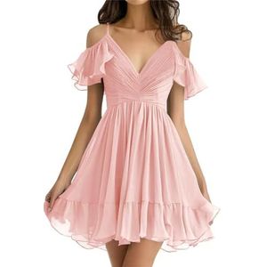 WSEYU Chiffon bruidsmeisjes jurken kort off-shoulder A-lijn ruches geplooide prom avondjurk, Blush Roze, 40