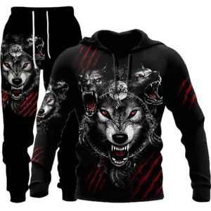 LEXAHO Heren 3D Wolf Joggingpak Mannen Hoodie Sets Mannen Hoody's + Sweatpants Pak Heren Truien Sweatshirts en Broek, Wolf13, 4XL