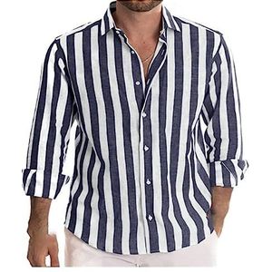 WEITING Heren gestreept shirt met lange mouwen casual kraag heren ademend gebreid shirt button down shirt T-shirts, Blauw, 3XL