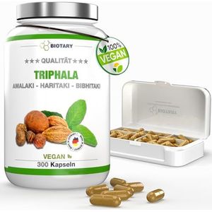 Triphala 300 capsules, 1500 mg dagportie, hoge dosis, 5 maandvoorraad, inclusief pillendoosje, Haritaki, Amalaki en Bibhitaki, 100% vegan, puur plantaardig, laboratorium getest, Made in Germany