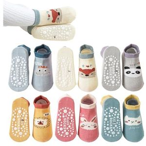 MEMOFYND Cartoon Vloersokken, Set van 6 Paar, Katoenen Thermische Accessoires, Zacht, Antislip, voor Kinderen, Uniseks (1-3 Jaar), Beige, Blauw, Geel, Groen, Grijs, Roze