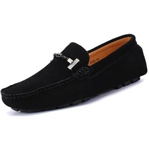 Loafers for heren Nubuckleer met vierkante neus Rijstijl Loafer Comfortabele flexibele platte hak Bruiloft instapper (Color : Black, Size : 46 EU)