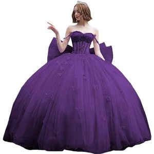 Fuomomo Quinceanera-jurk met dunne bandjes en vlinderglitter, Quinceanera-jurk met vlinders en grote strik, baljurk van kant met parels MT053, Plum, 30 NL
