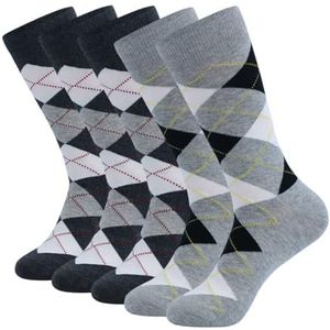 VONCYKI 5 paar Argyle-sokken voor heren, grote maten, gekamd katoen, ronde sokken, zwart, cool, ademend, casual sokken voor heren, 5 paar-JC097-3, EUR(41-48)