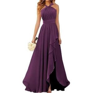 Halter Prinses Bruidsmeisjes Jurken Geplooide Galajurken Ruche Chiffon Split Formele Avond Party Gown ZM212, Pruim, 32