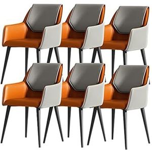 Leren keukenstoelen set van 6, moderne luxe stoelen met ergonomische armleuningen, rugleuning en metalen poten voor eetkamer