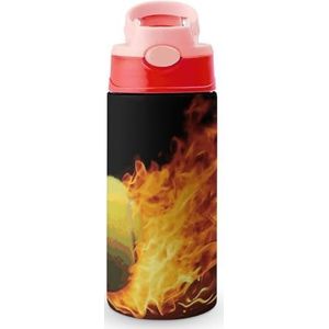 Burning Tennis Pictures RVS Waterflessen Herbruikbare Reizen Waterbeker met Handvat Siliconen Rietje Drinkbeker met Lekbestendige Deksel, Thermo Reismok voor Koude Warme Dranken, Sport