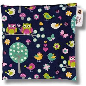 Kersenpitkussen, 20 x 20 cm, blauwe uil, warmte- en koudetherapie, graankussen, 100% katoen