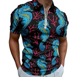 Seahorse And Coral Poloshirts met halve rits voor heren, slim fit, korte mouwen, sneldrogend, golftops T-shirts, XS