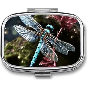 Blue Dragonfly pillenetui met 2 compartimenten, pillenorganizer, draagbare vierkante pillendoos, vitaminepillenorganizer voor zakportemonnee en reizen