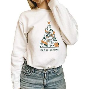 Dames Merry Catmas Jumper Kerstmis Sweatshirt Grappige Kat Grafische Print Hoodies, Wit, S