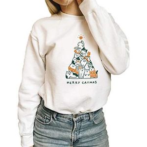 Vrouwen Merry Catmas Jumper Kerst Sweatshirt Grappige Kat Grafische Print Hoodies, Wit, S