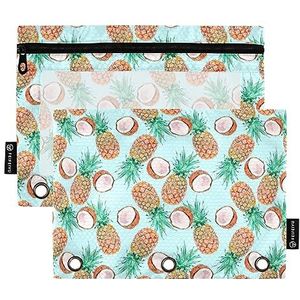 FRODOTGV Pineapple Tropical Hawaiian Coconuts Binder Potloodzakjes 3-ring potloodzakjes 2 stuks doorzichtige pennenetui rits drie gaten potloodzakjes voor 3-ringband