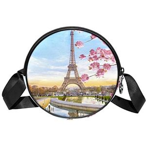 Messenger Bag Frankrijk Parijs Eiffeltoren Bloem Landschap Crossbody Tas voor Vrouwen Rond, Meerkleurig, 6.7x6.7x2.3 in, Sling Rugzakken