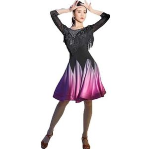 Yhsgscr Dames trainingsoutfit met ronde hals voor Latin dansen Tango Cha Cha danskleding met strass steentjes Kleding voor samba rumba Salsa danskleding met lange mouwen,Purper,3XL