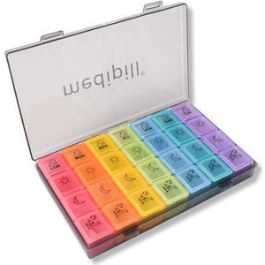 MEDIPILL - Franse weekplanner | 7 dagen 4 stopcontacten ochtend middagavond liggend | 28 vakken | medicijnbox | zwart - regenboog | MED-BOX28-NA