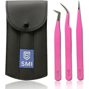 SMI Wimperpincet Wimperextensiepincet Wimper Pincet voor Wimperextensions Gebogen en Recht Precisie-Pincet voor 3D 6D Wimpers Roestvrijstalen met Etui (Roze)